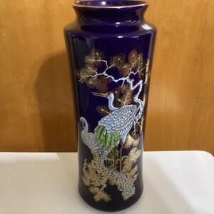 VTG  Mid 20th Century Japanese Cobalt Blue Porcelain Vase w/ Cranes-10.5" T‎
